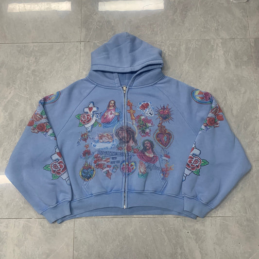 Righteous Risen King Zip Up Hoodie light blue