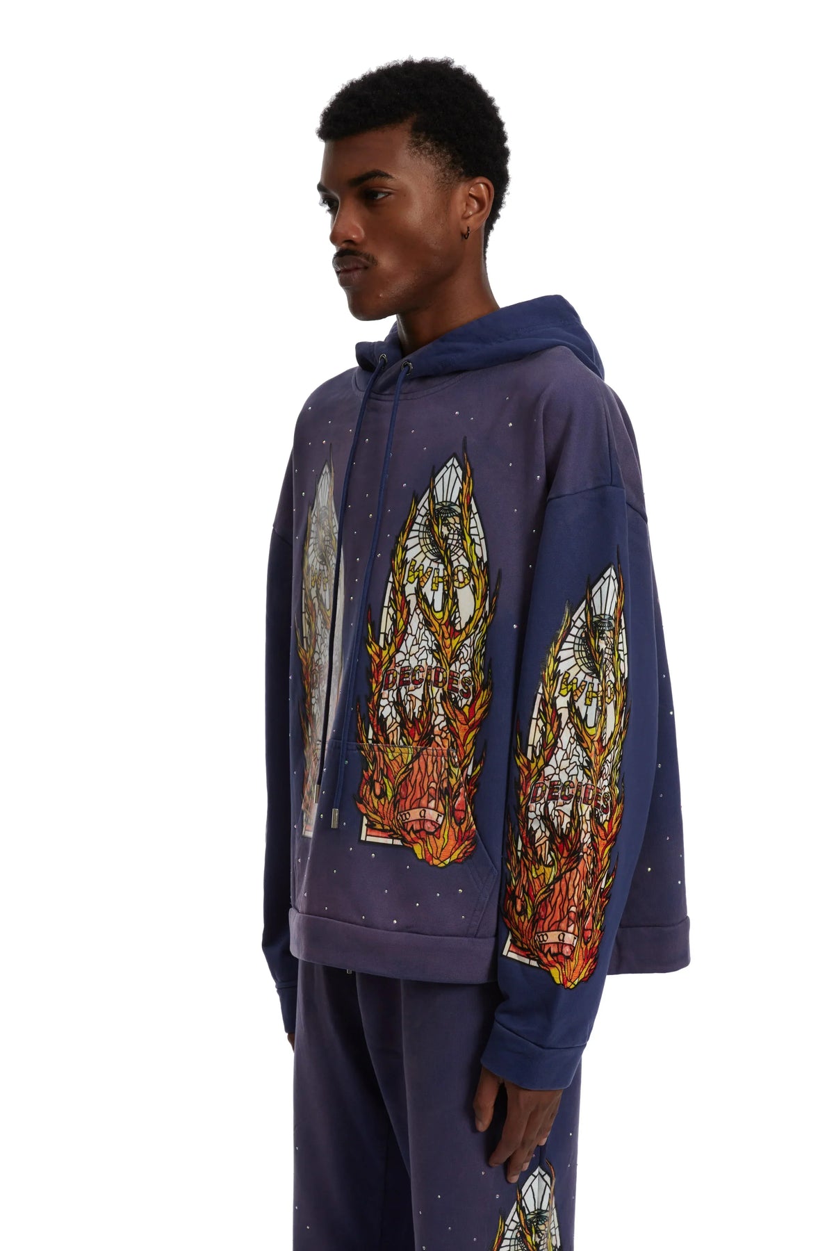 WHO DECIDES WAR pruple  flame glass hoodie