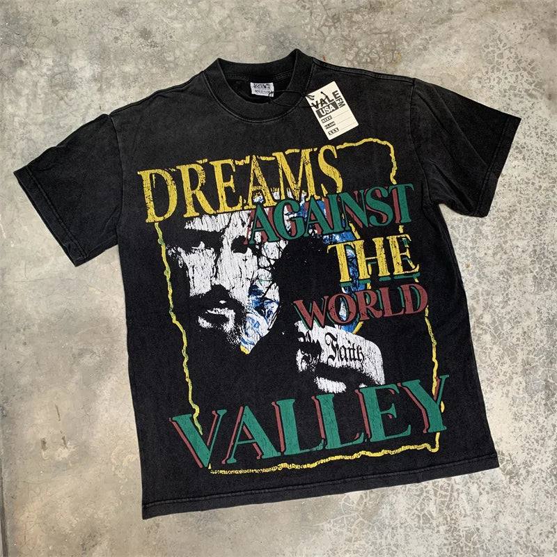 Vale European And American Fashion Pure Cotton Printed Retro Washed Round Neck Black Short Sleeved Shirt