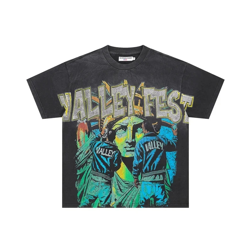 Vale Hot Diamond Washed Water Horse Willow Used Cotton Short sleeved T-shirt